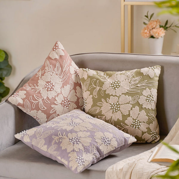 Fiore Embroidered Cotton Cushion Cover Set of 3 16x16 Inch