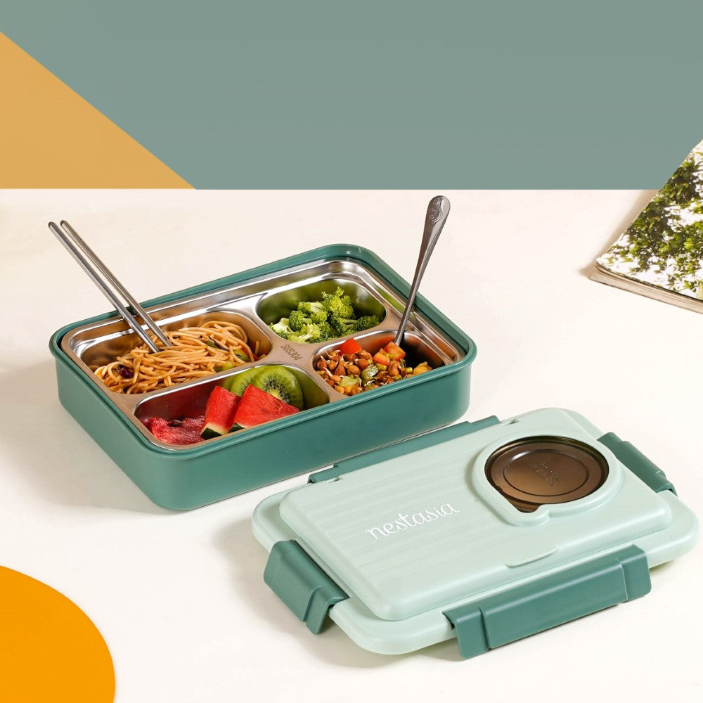 2 Grid Green Steel Lunch Box With Bowl & Spoon