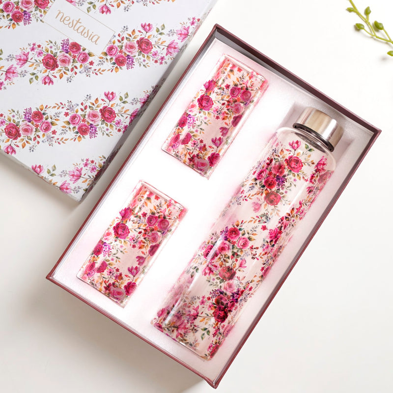 Rose Glass Bottle And Tumbler Set Of 3 In Gift Box