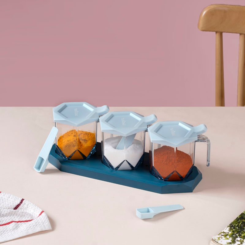 Spice Containers With Spoons Set Of 3 Blue