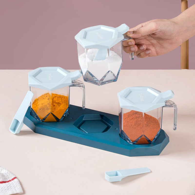 Spice Containers With Spoons Set Of 3 Blue