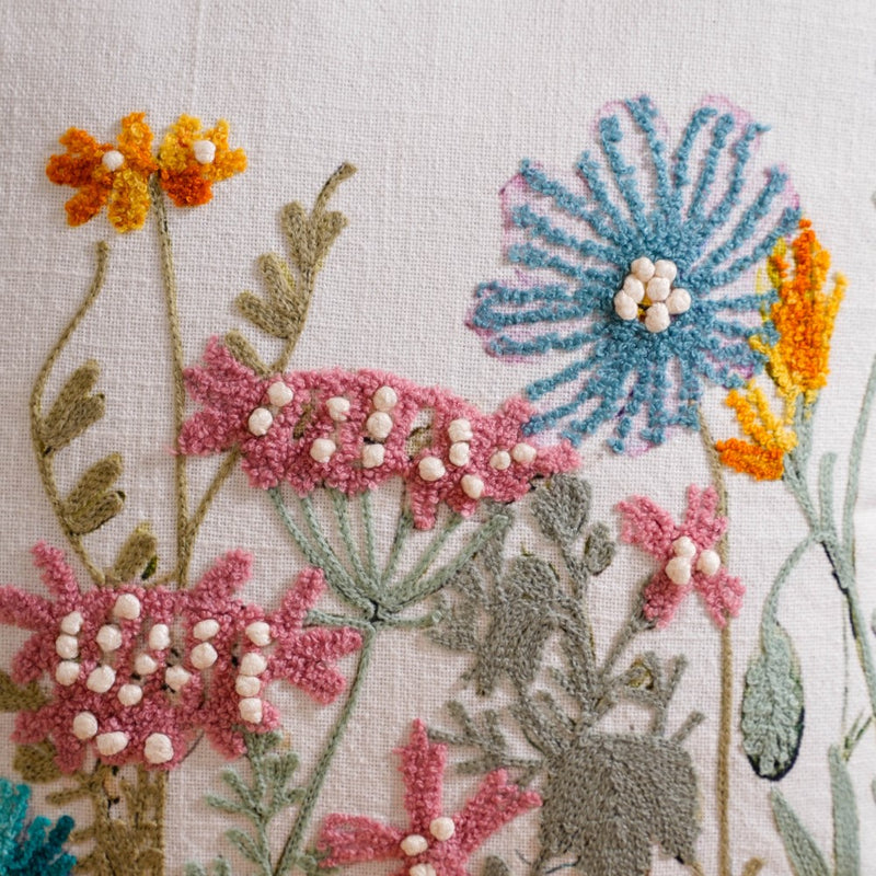 Floral Garden Embroidered Cushion Cover 16x16 Inch