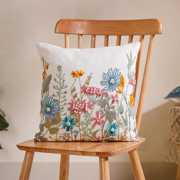 Floral Garden Embroidered Cushion Cover 16x16 Inch