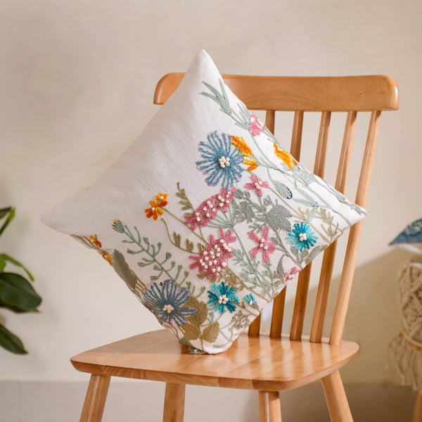 Floral Garden Embroidered Cushion Cover 16x16 Inch