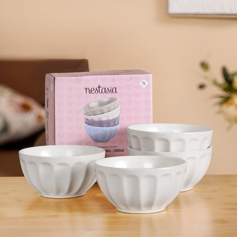 Embossed Cream Ceramic Bowl Set Of 4 580ml