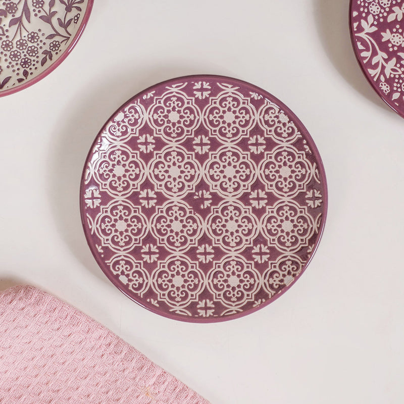 Floral Design Ceramic Dessert Plate Set Of 4 White Mauve 15cm