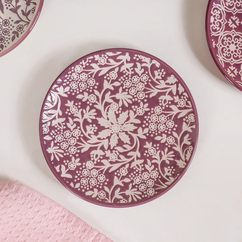 Floral Design Ceramic Dessert Plate Set Of 4 White Mauve 15cm