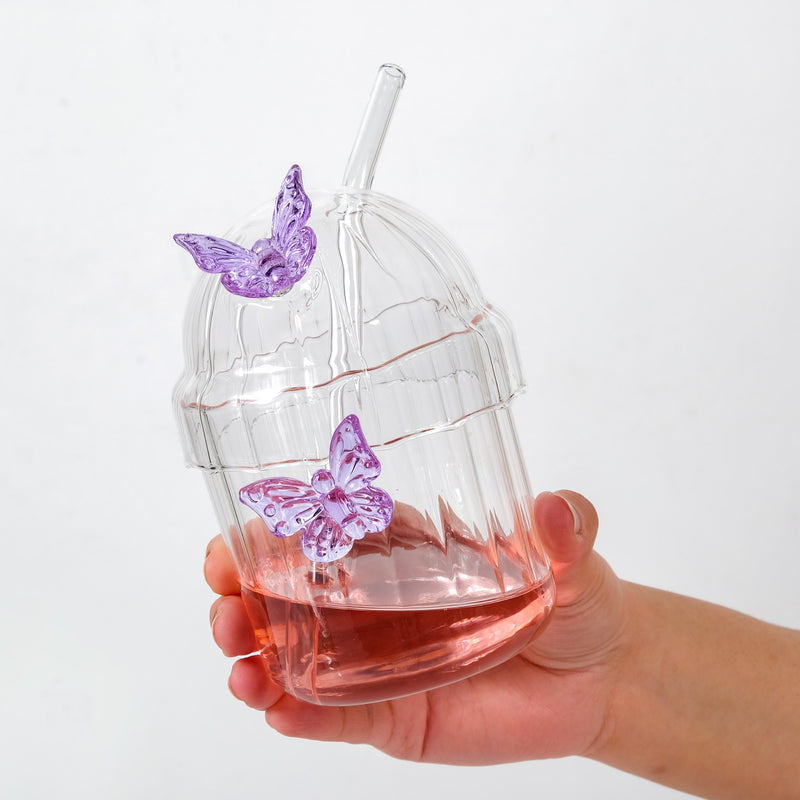 Crystal Fairy Core Butterfly Tumbler With Lid And Straw 450ml Set Of 2 Purple