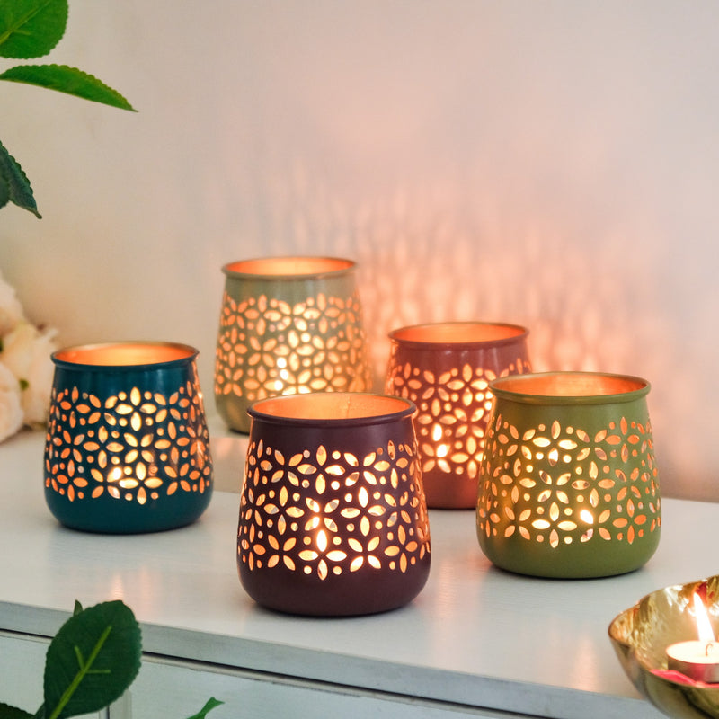 Festive Tealight Candle Holder Set Of 5- Floral Tealight Holders, Set of 5 Candle Holders, Decorative Tealight Holders, Floral Candle Decor, Tealight Holder Set