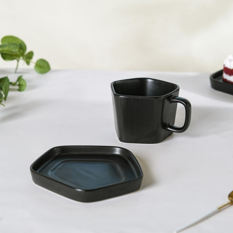 Pentagon Mug with Saucer Black- Tea cup, coffee cup, cup for tea | Cups and Mugs for Office Table & Home Decoration