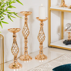 Golden Tall Floor Candle Stand Set Of 3 Large - Tall Floor Candle Stand, Gold Candle Holders, Premium Floor Candle Stands, Luxurious Candle Stands