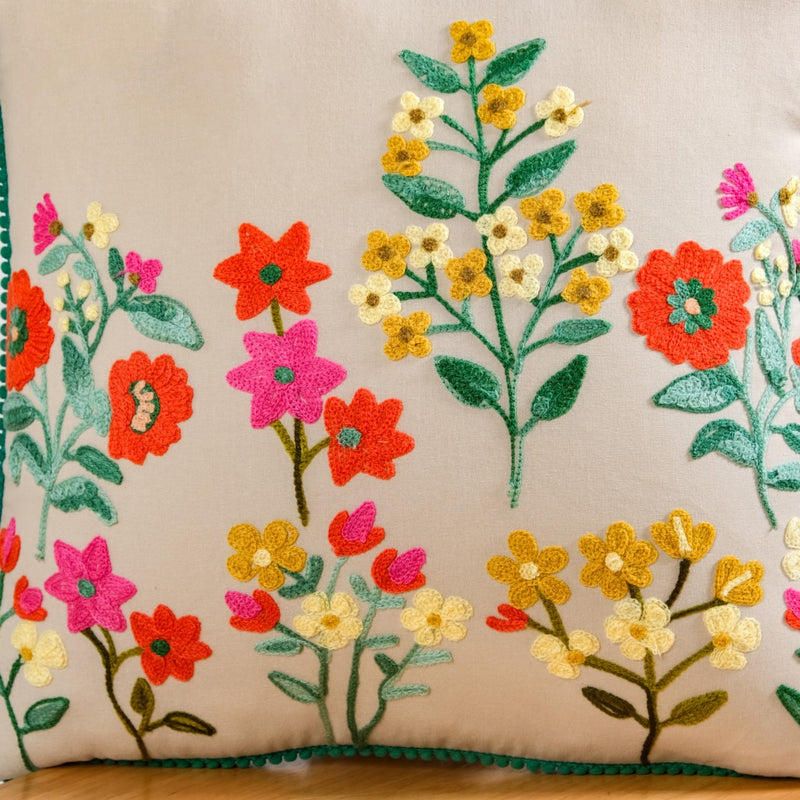 Meadow Blooms Embroidered Cotton Cushion Cover 40x40cm
