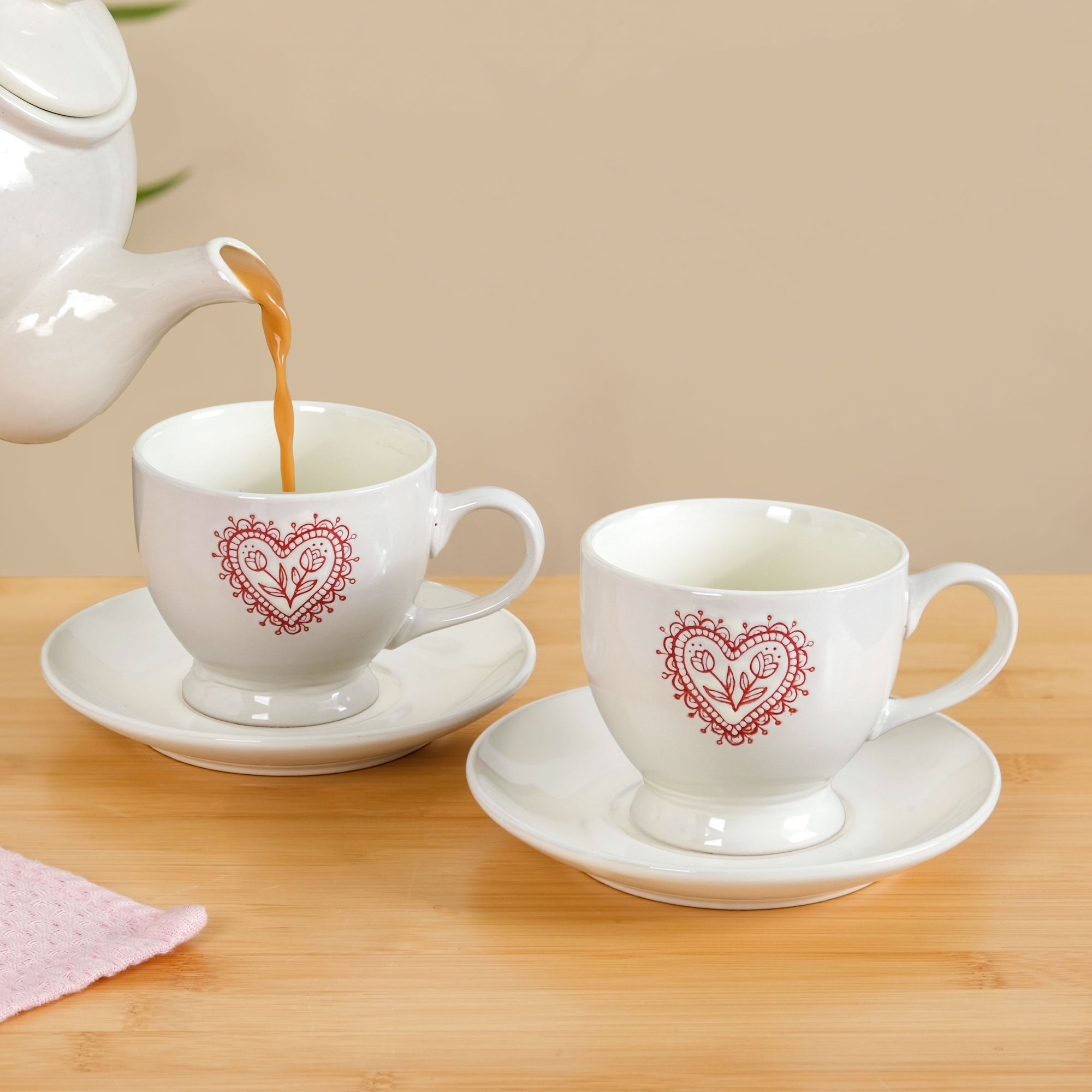 Hearty Ceramic Tea Cup And Saucer Set Of 2 White 200ml Online - Premium ...