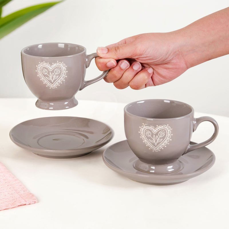 Hearty Ceramic Tea Cup And Saucer Set Of 2 Grey 200ml