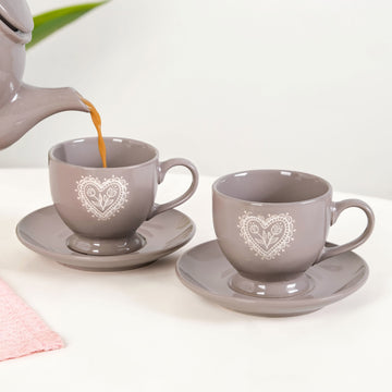 Hearty Ceramic Tea Cup And Saucer Set Of 2 Grey 200ml