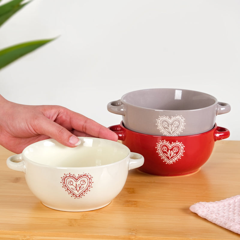 Hearty Ceramic Bowl With Handle Set Of 3 Red Grey Cream 370ml