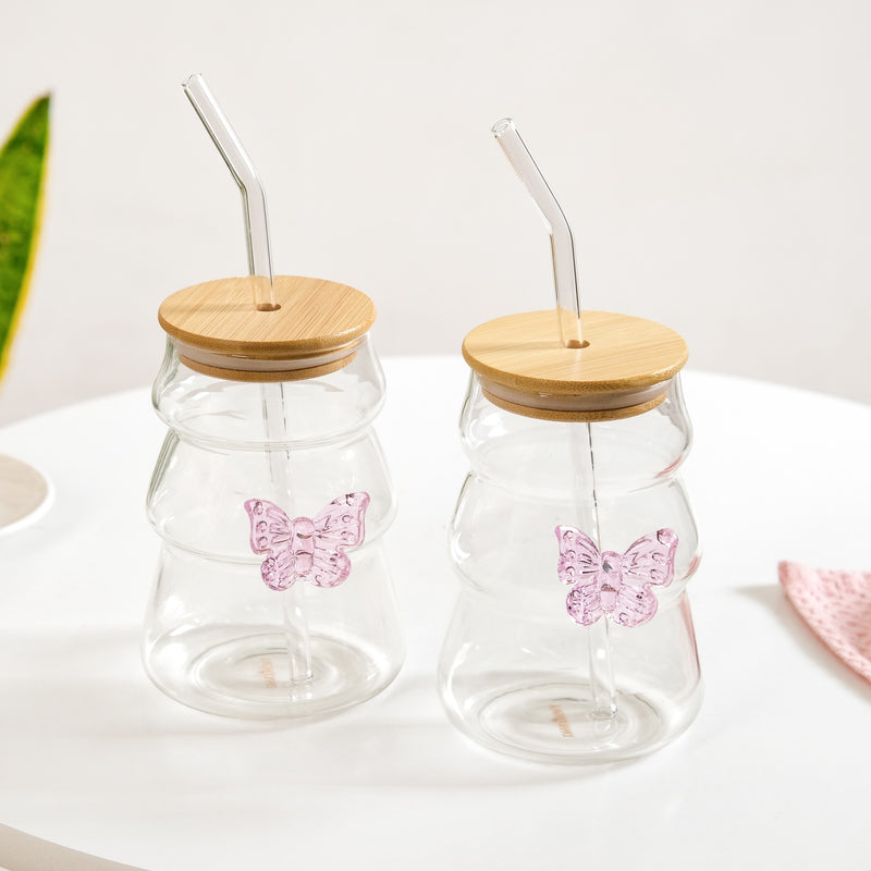 Girlie Butterfly Glass Tumbler With Straw Set Of 2 500ml