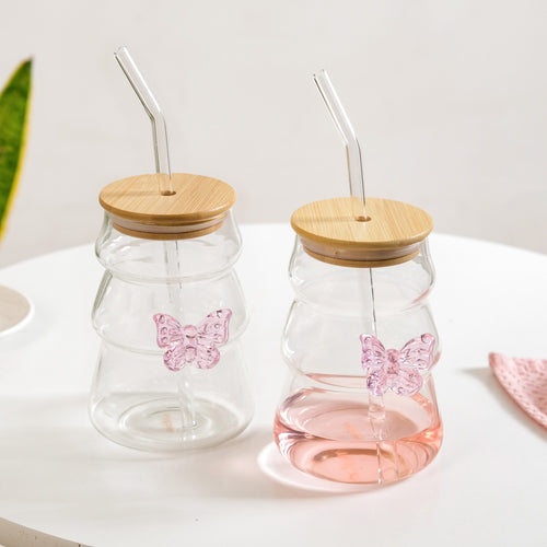 Girlie Butterfly Glass Tumbler With Straw Set Of 2 500ml
