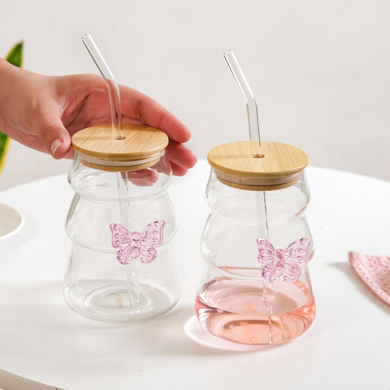 Girlie Butterfly Glass Tumbler With Straw Set Of 2 500ml