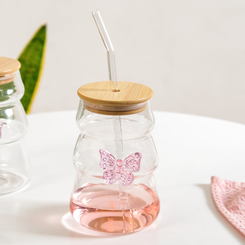 Girlie Butterfly Glass Tumbler With Straw Set Of 2 500ml