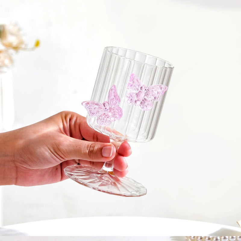3D Pink Butterfly Ribbed Wine Glass 250ml