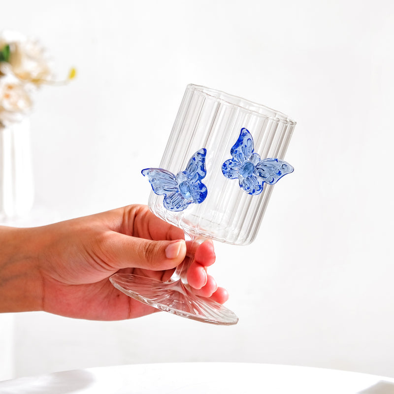 3D Butterfly Detailing Ribbed Wine Glass Blue 250ml