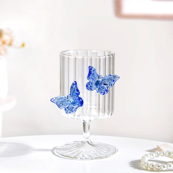 3D Butterfly Detailing Ribbed Wine Glass Blue 250ml