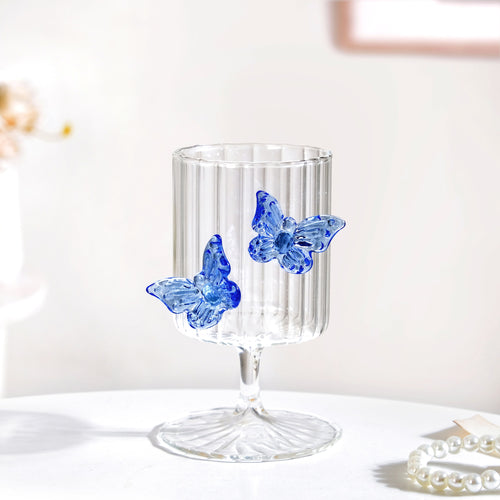 3D Butterfly Detailing Ribbed Wine Glass Blue 250ml