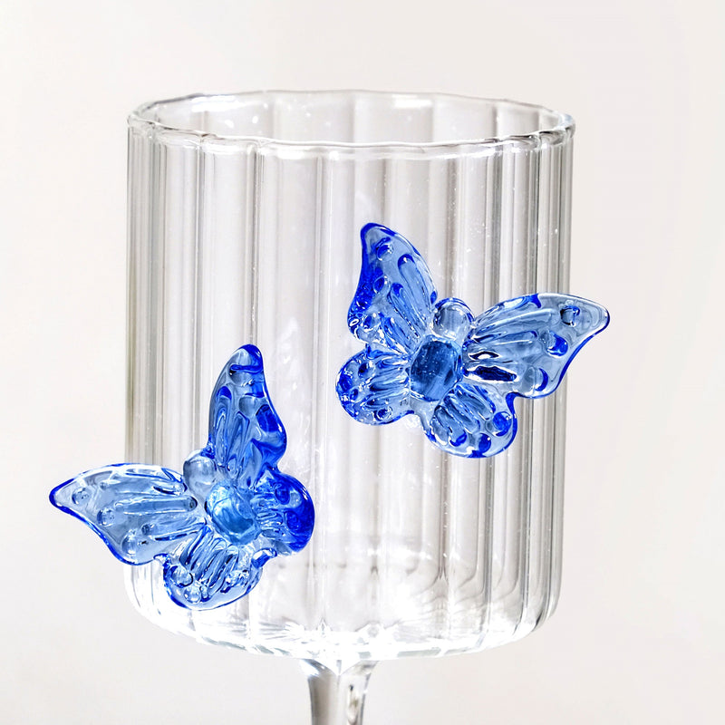 3D Butterfly Detailing Ribbed Wine Glass Blue 250ml