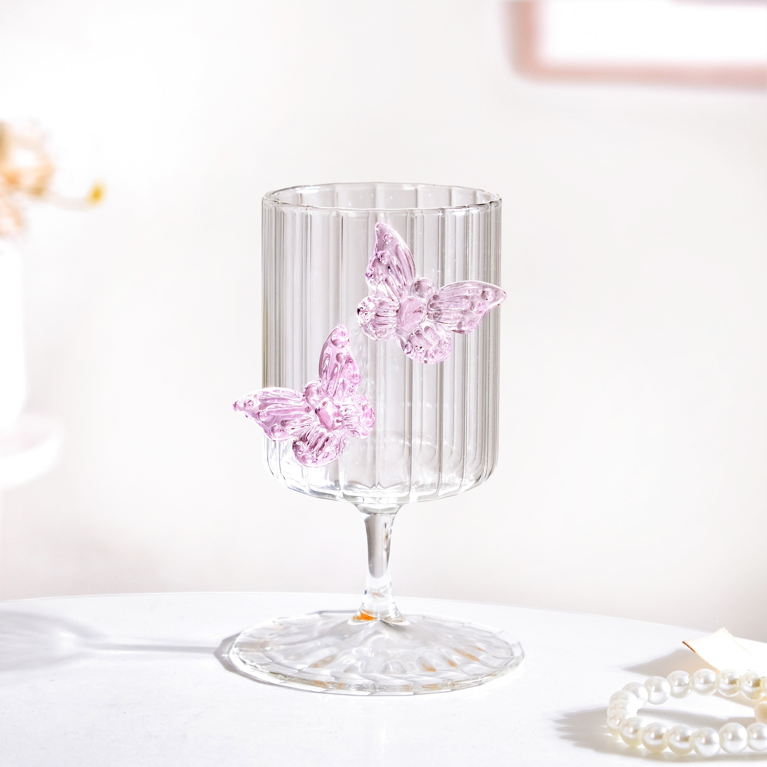 Butterfly Fluted Wine Stem Glass Pink 250ml