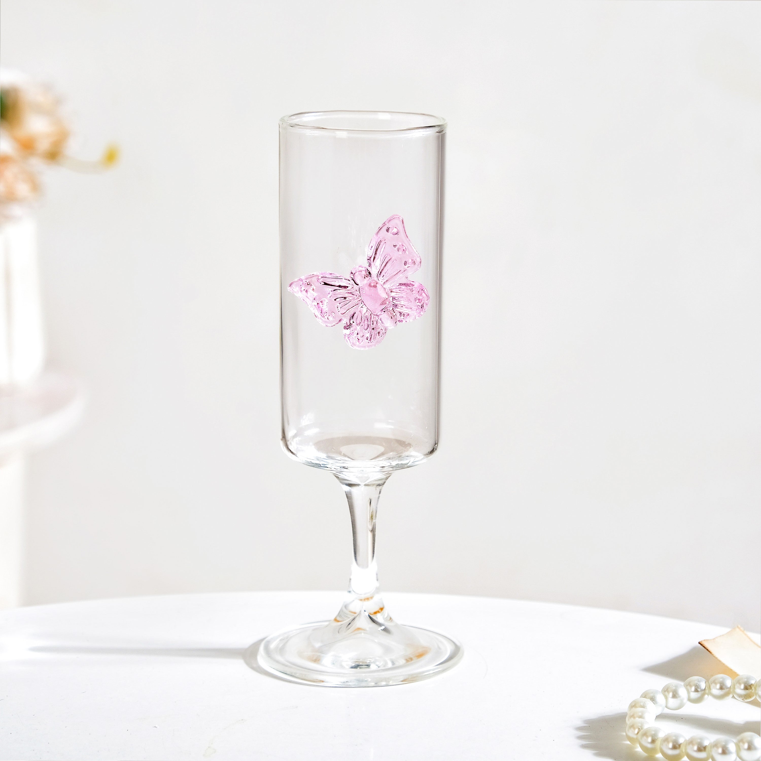 3D Pink Butterfly Stem Glass 190ml