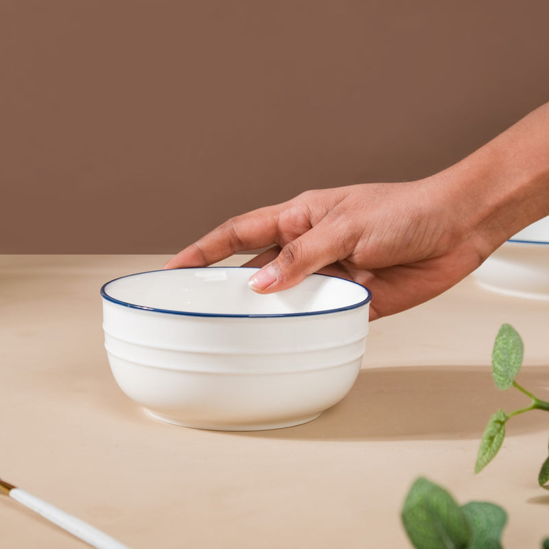 Riona Ceramic Popcorn Bowl White And Blue 400 ml - Bowl,ceramic bowl, snack bowls, curry bowl, popcorn bowls | Bowls for dining table & home decor