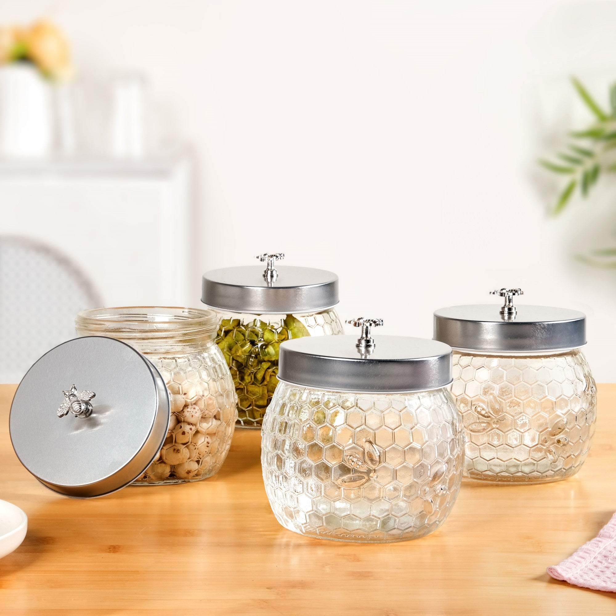 Honeycomb Bee Knob Jar With Lid Set Of 4 900ml