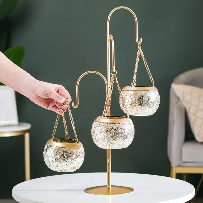 Hanging Tealight Holders With Stand Champagne Silver - Hanging candle holders, decorative tealight holders, hanging glass tealight holders