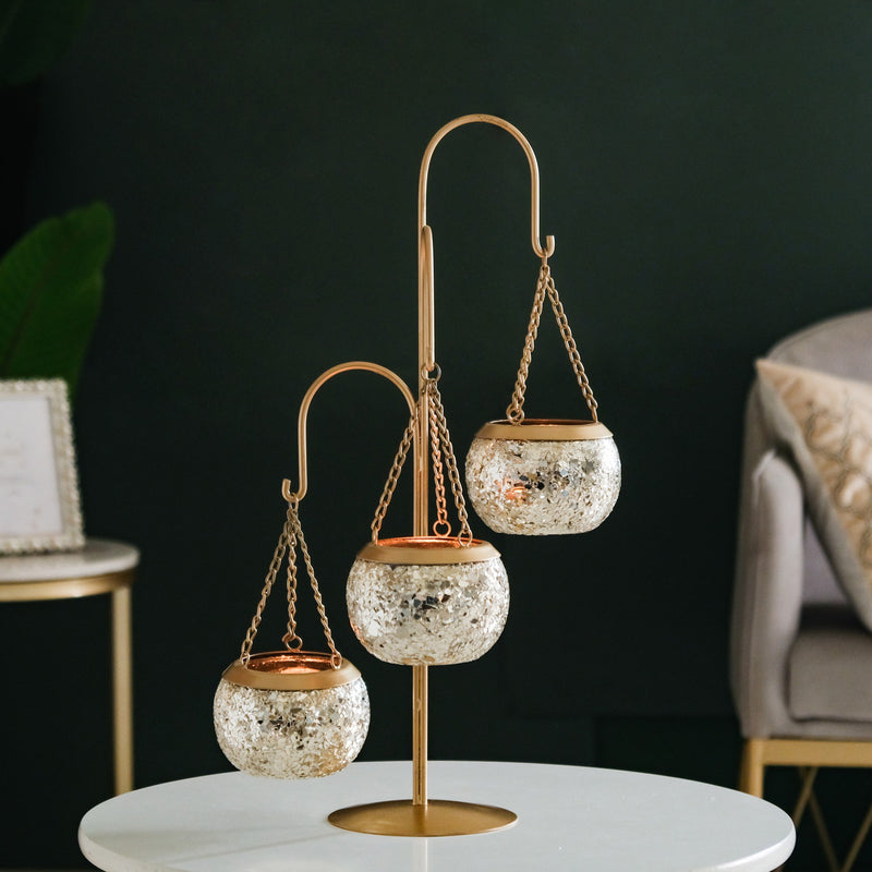 Hanging Tealight Holders With Stand Champagne Silver - Hanging candle holders, decorative tealight holders, hanging glass tealight holders