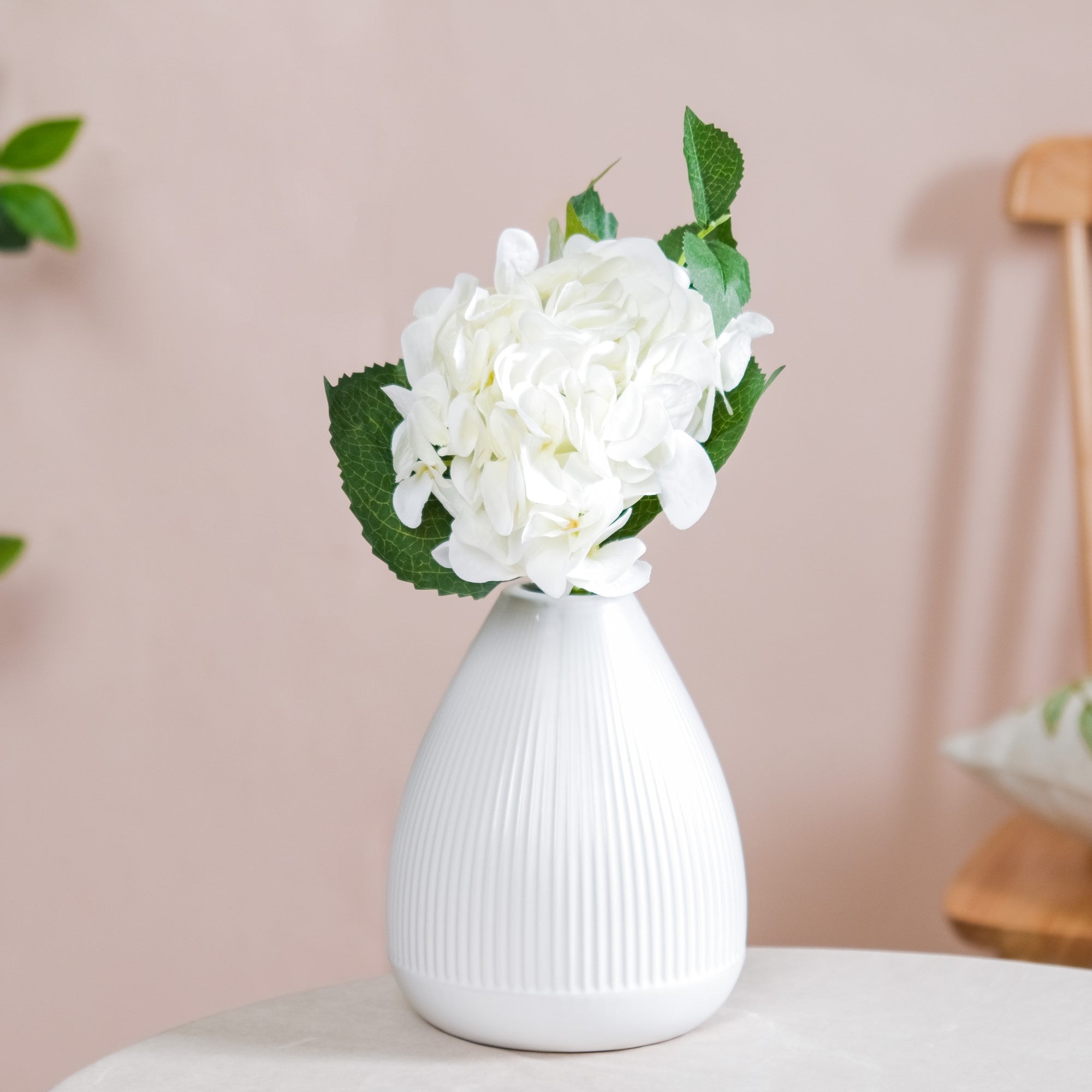 Hydrangea With Leaves White - artificial hydrangea flowers, home decor accents, room decoration ideas, faux floral arrangements