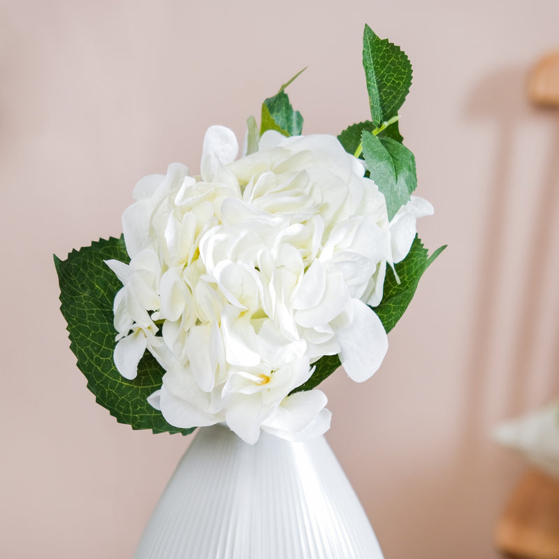 Hydrangea With Leaves White - artificial hydrangea flowers, home decor accents, room decoration ideas, faux floral arrangements