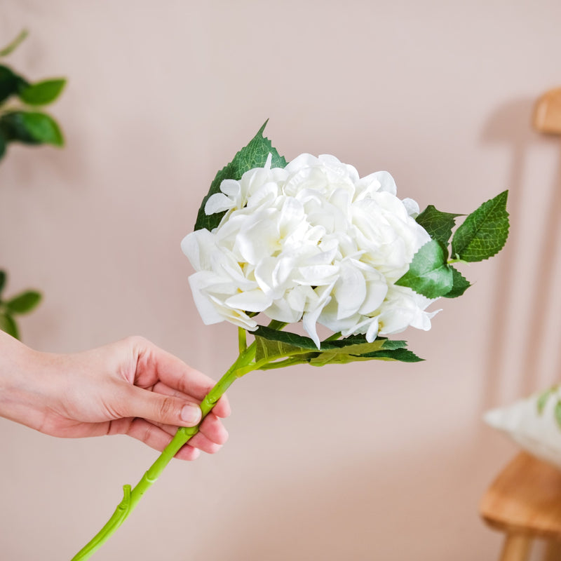 Hydrangea With Leaves White - artificial hydrangea flowers, home decor accents, room decoration ideas, faux floral arrangements