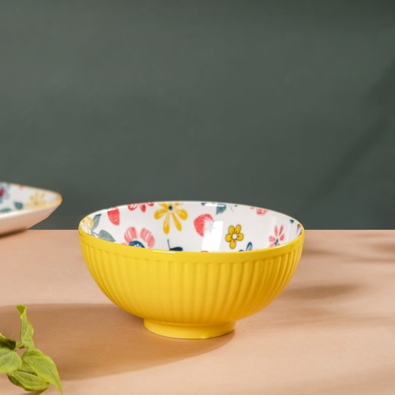 Spring Floral Ceramic Ribbed Serving Bowl 8 Inch - Bowl, ceramic bowl, serving bowls, noodle bowl, salad bowls, bowl for snacks, large serving bowl | Bowls for dining table & home decor