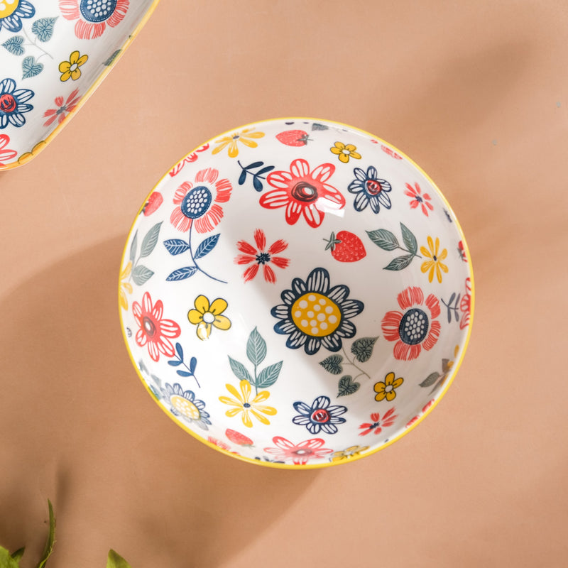 Spring Floral Ceramic Ribbed Serving Bowl 8 Inch - Bowl, ceramic bowl, serving bowls, noodle bowl, salad bowls, bowl for snacks, large serving bowl | Bowls for dining table & home decor