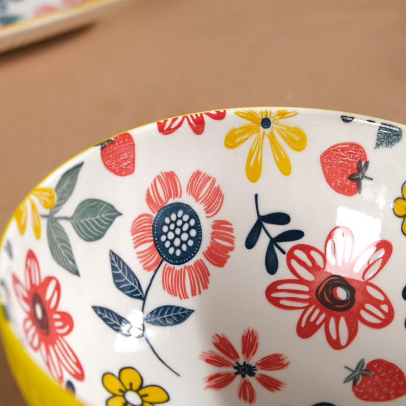 Spring Floral Ceramic Ribbed Serving Bowl 8 Inch - Bowl, ceramic bowl, serving bowls, noodle bowl, salad bowls, bowl for snacks, large serving bowl | Bowls for dining table & home decor