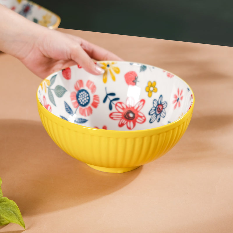 Spring Floral Ceramic Ribbed Serving Bowl 8 Inch - Bowl, ceramic bowl, serving bowls, noodle bowl, salad bowls, bowl for snacks, large serving bowl | Bowls for dining table & home decor