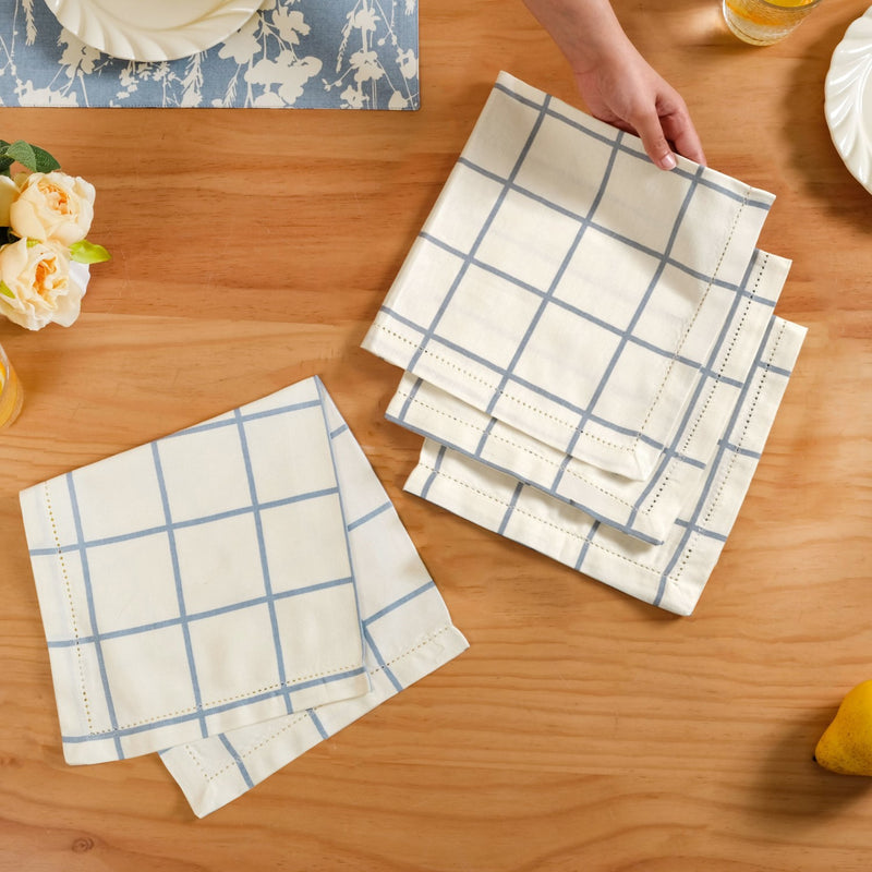 Slate Blue Grid Pure Cotton Table Napkin Set Of 4