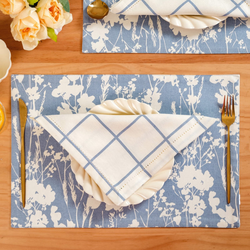 Slate Blue Grid Pure Cotton Table Napkin Set Of 4