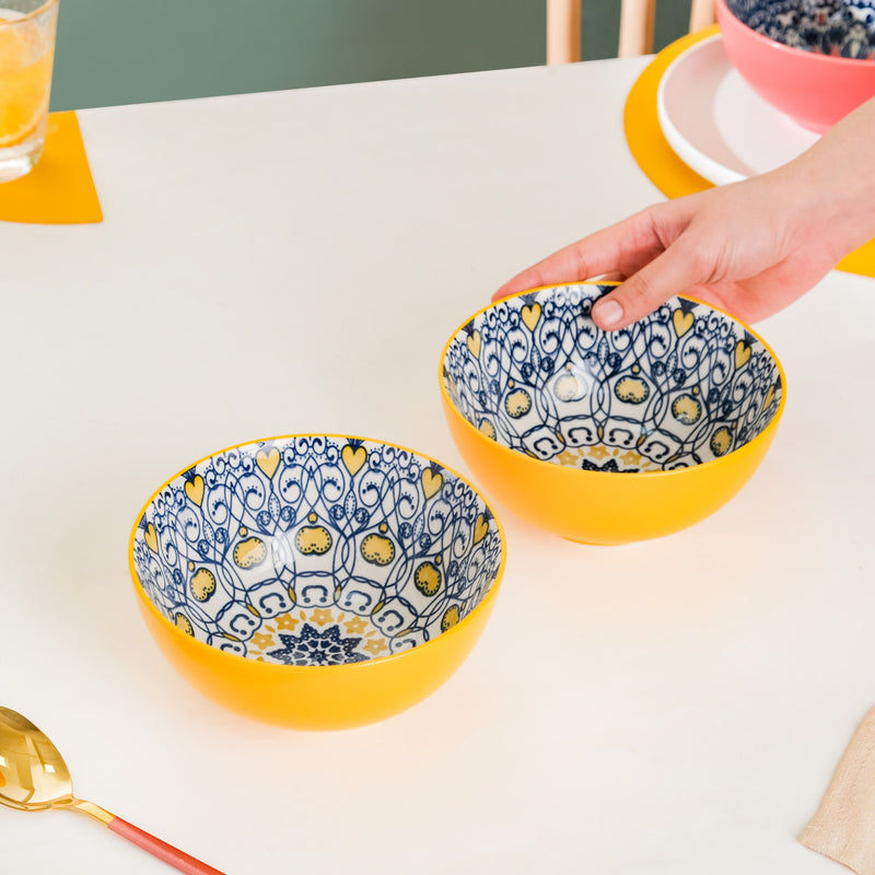 Mandala Ceramic Snack Bowl Yellow 400ml Set Of 2 - Bowl,ceramic bowl, snack bowls, curry bowl, popcorn bowls | Bowls for dining table & home decor