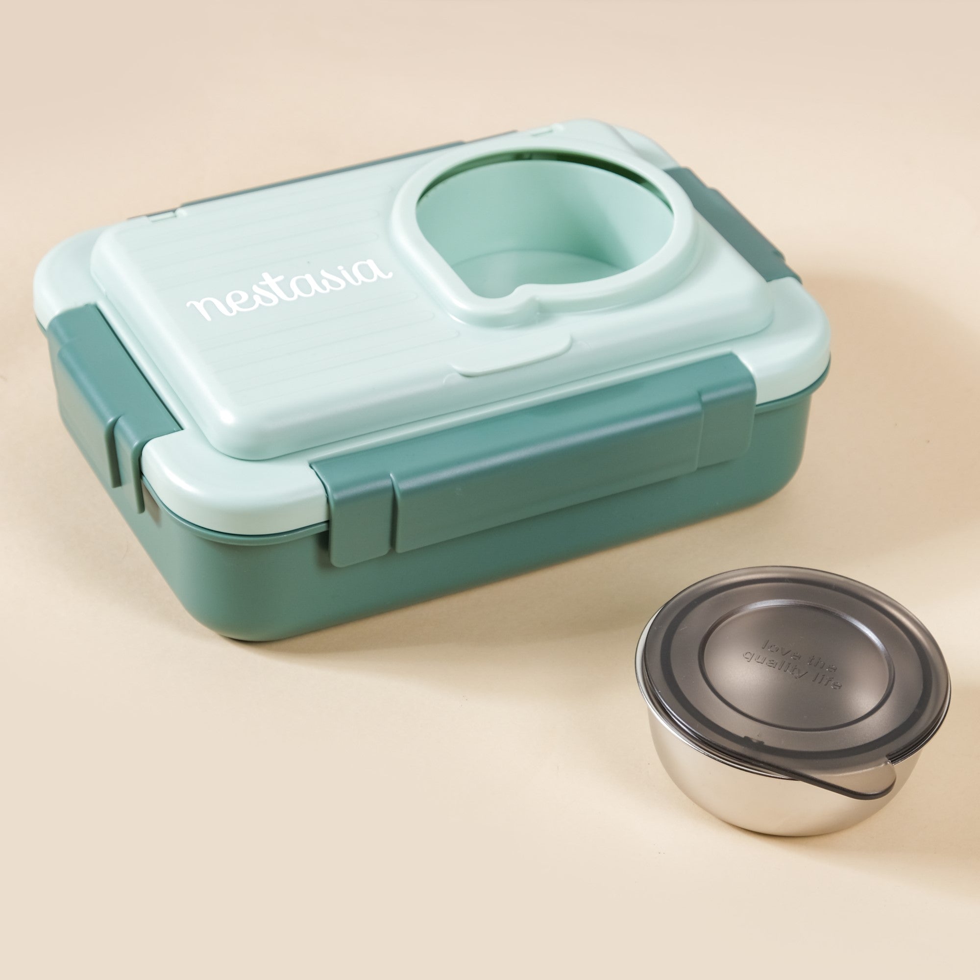 2 Grid Green Steel Lunch Box With Bowl & Spoon