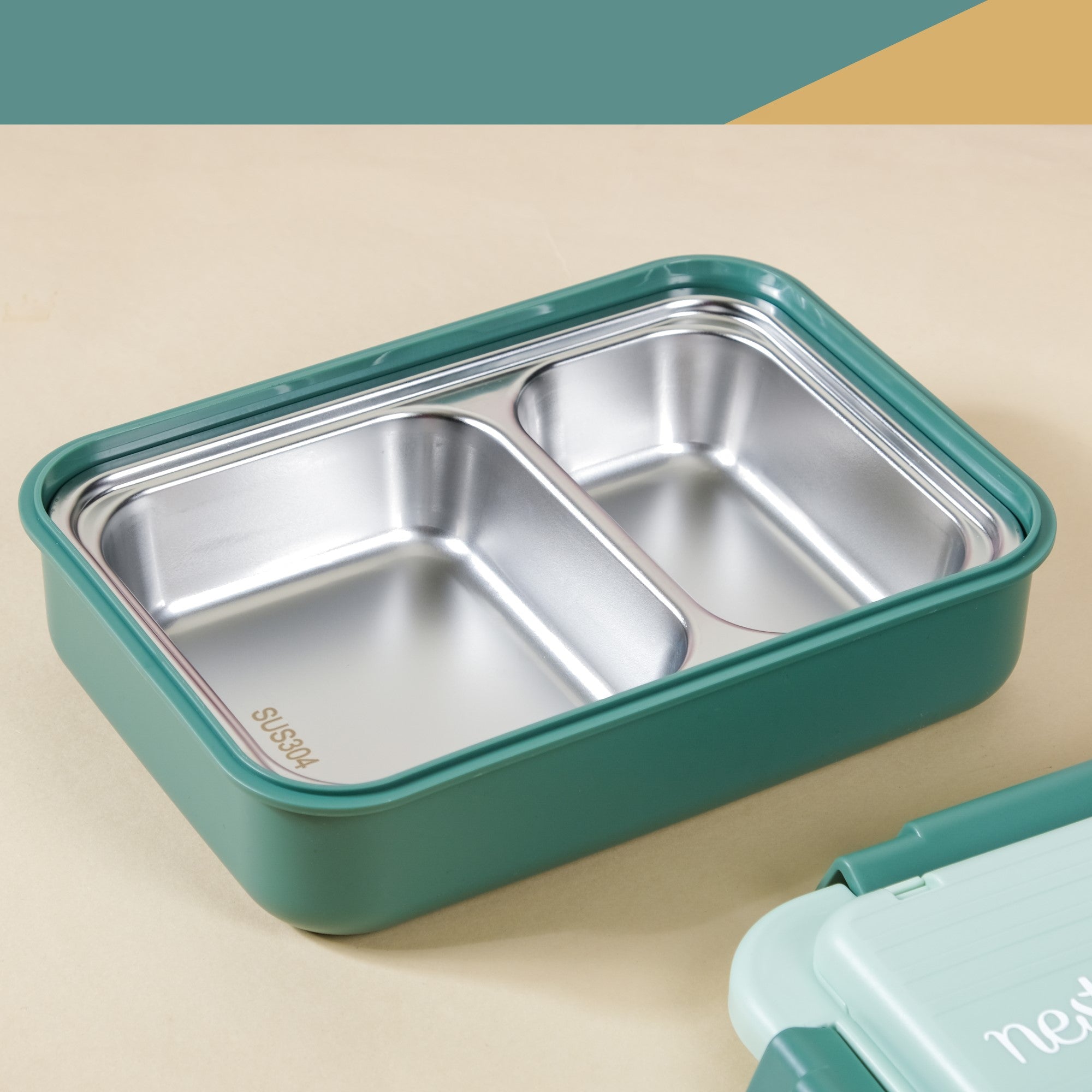 2 Grid Green Steel Lunch Box With Bowl & Spoon