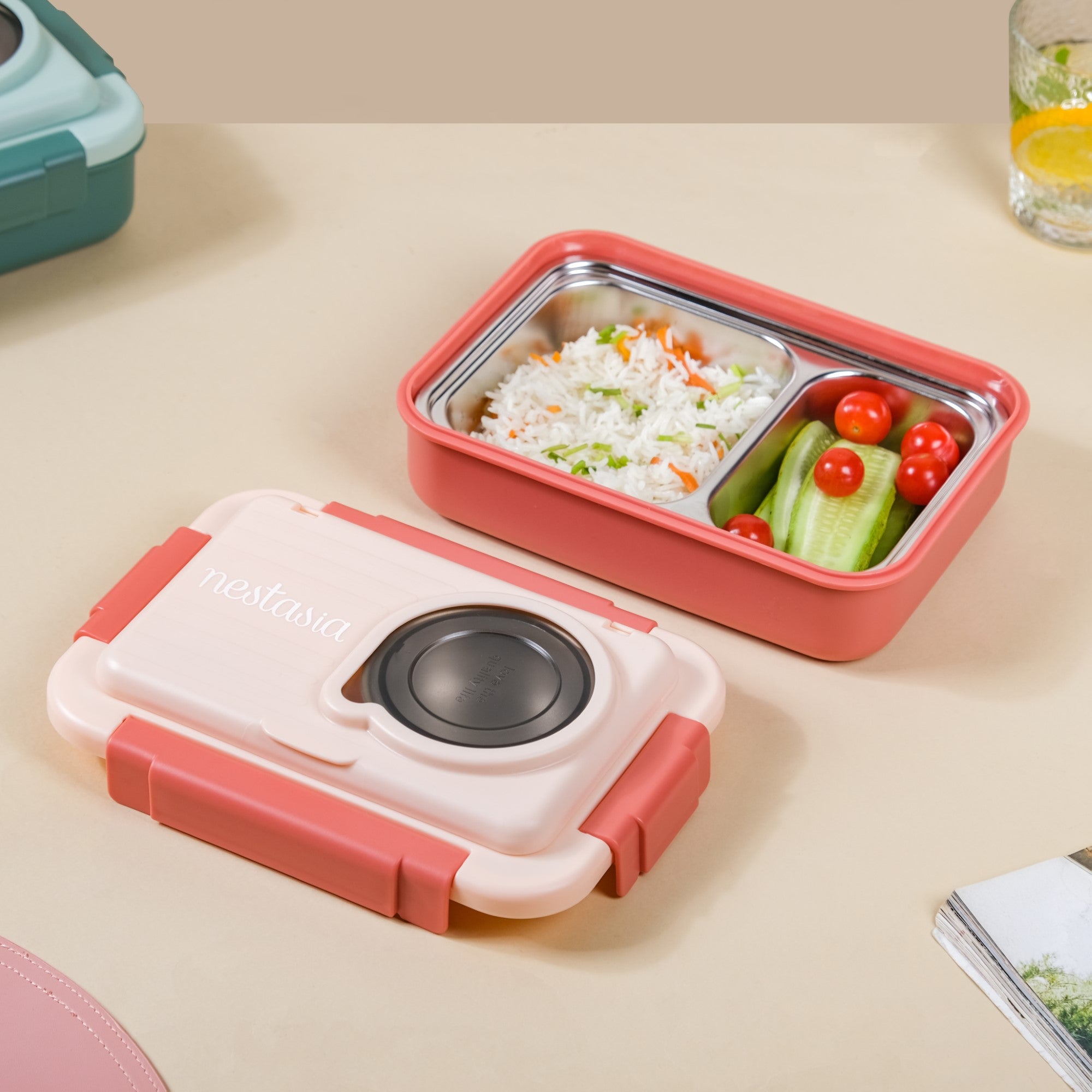 1set 800ml Three Compartment Plastic Lunch Box With Bag And