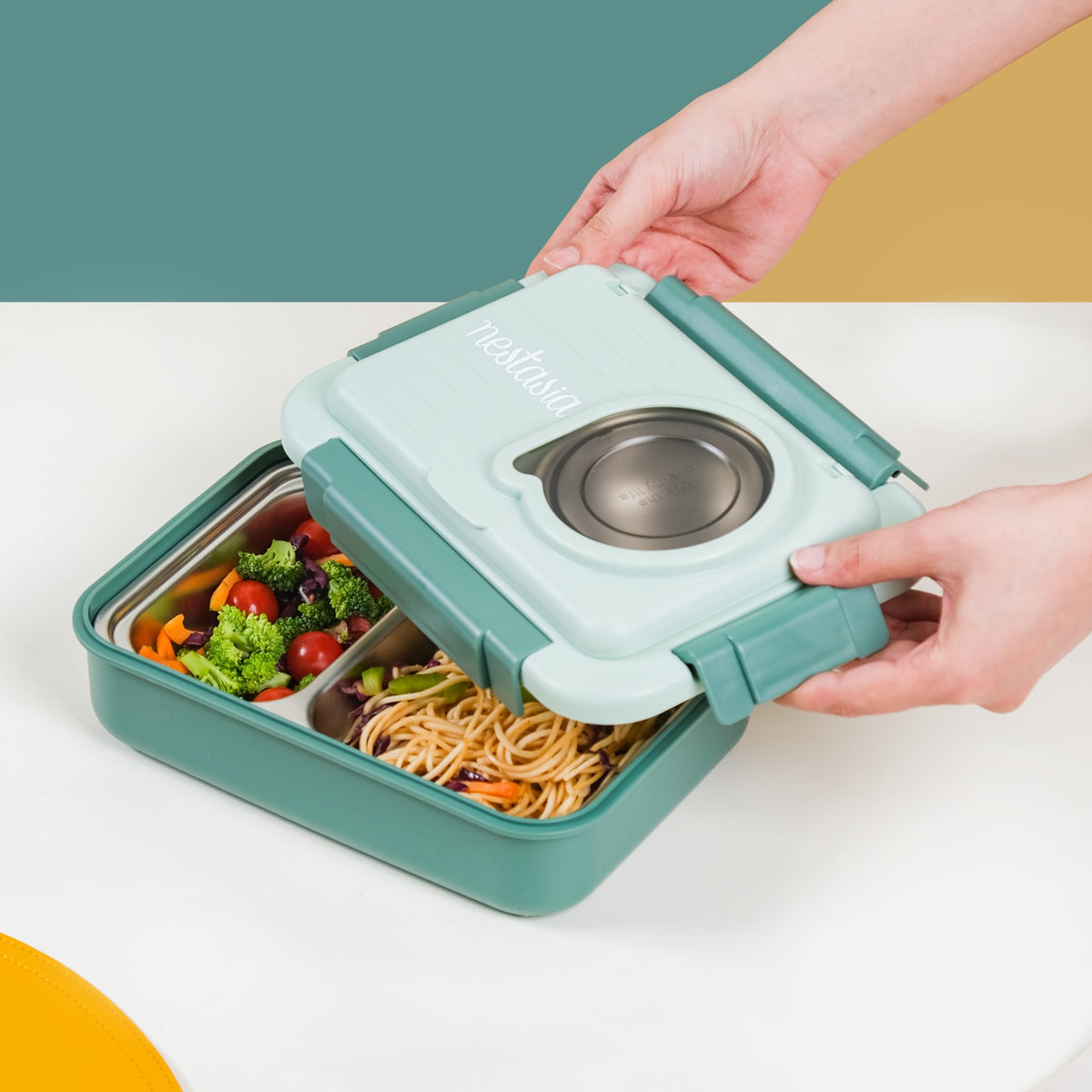2 Grid Green Steel Lunch Box With Bowl & Spoon | Nestasia