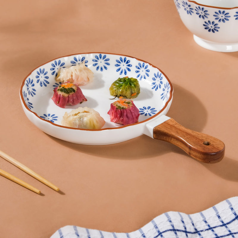 Blue Daisy Baking Plate With Handle 7.5 Inch - Ceramic platter, serving platter, fruit platter | Plates for dining table & home decor